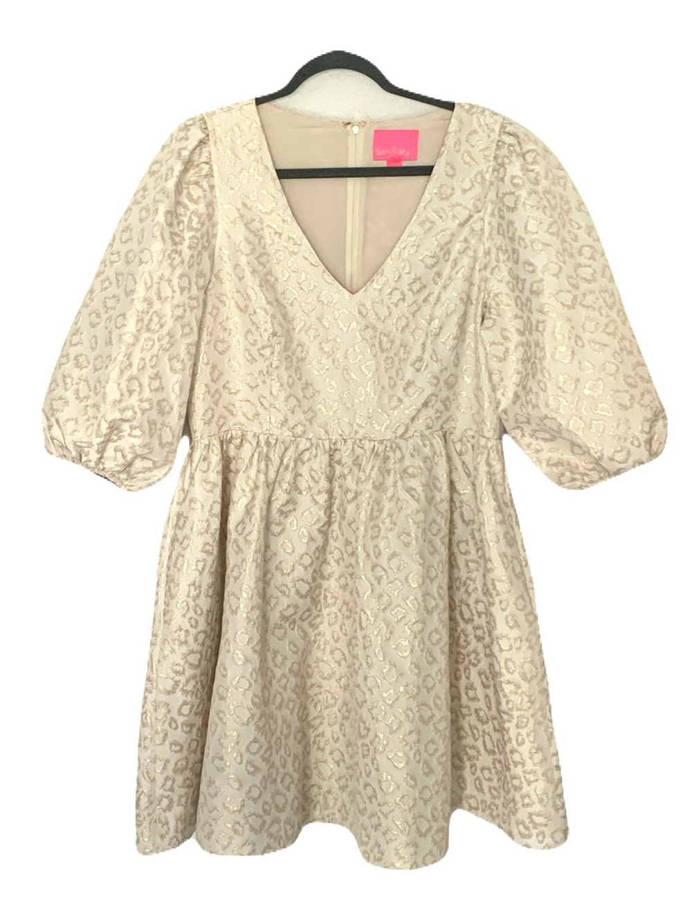 Lilly Pulitzer 14 Cream & Gold Metallic Leopard Animal Print Puff Sleeve Dress